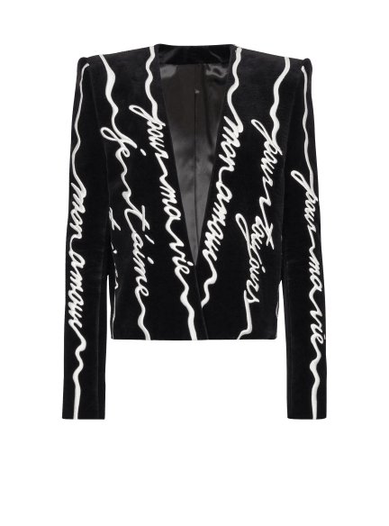 Cropped velvet jacket with all-over "Love Letter" embroidery